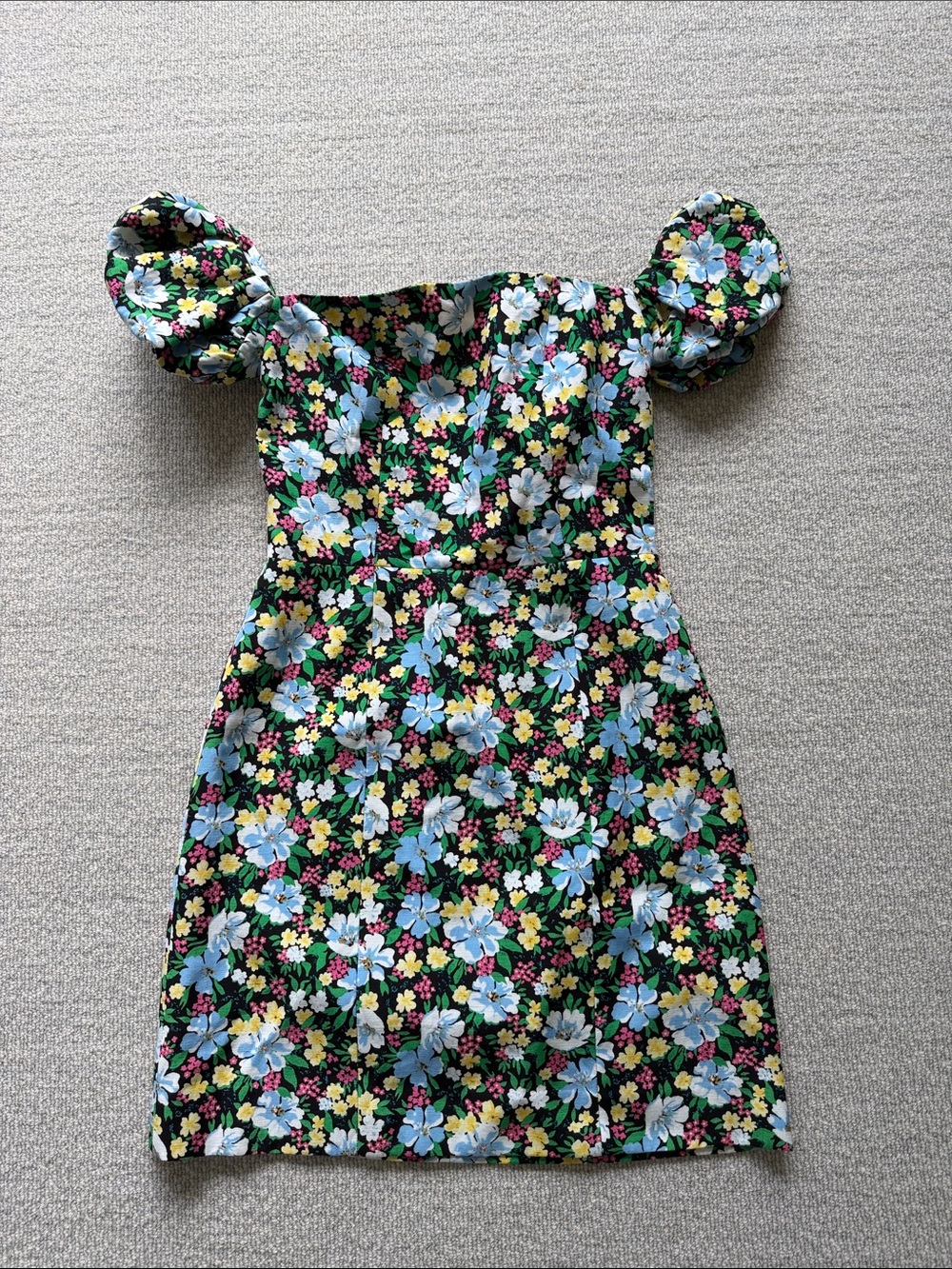 Maje Black Floral Puff-Sleeve Mini Dress with Blue & Yellow Flowers